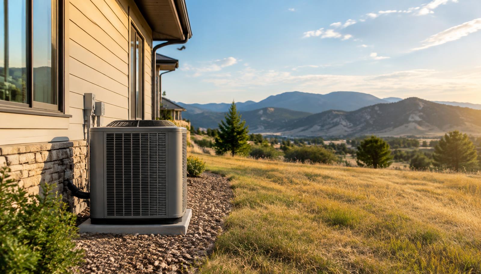 A Colorado home exterior in late summer with a clean outdoor AC unit beside the house
