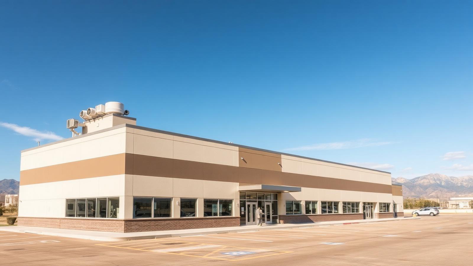 Modern Colorado commercial building with rooftop HVAC units and Front Range mountains in the distance