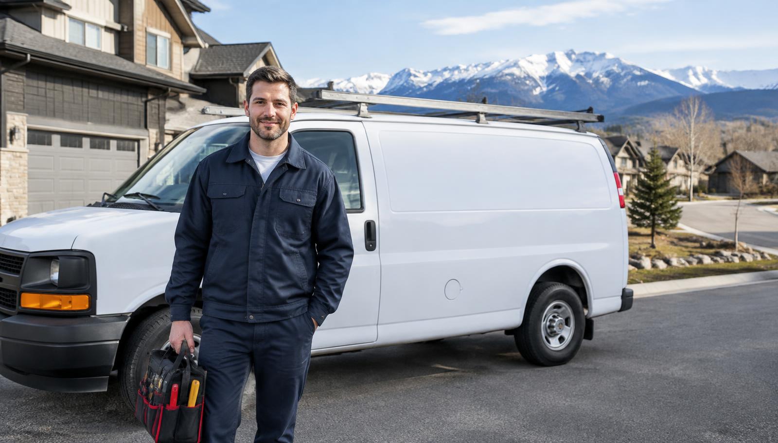 A local HVAC technician standing near a plain unbranded service van outside a Colorado home