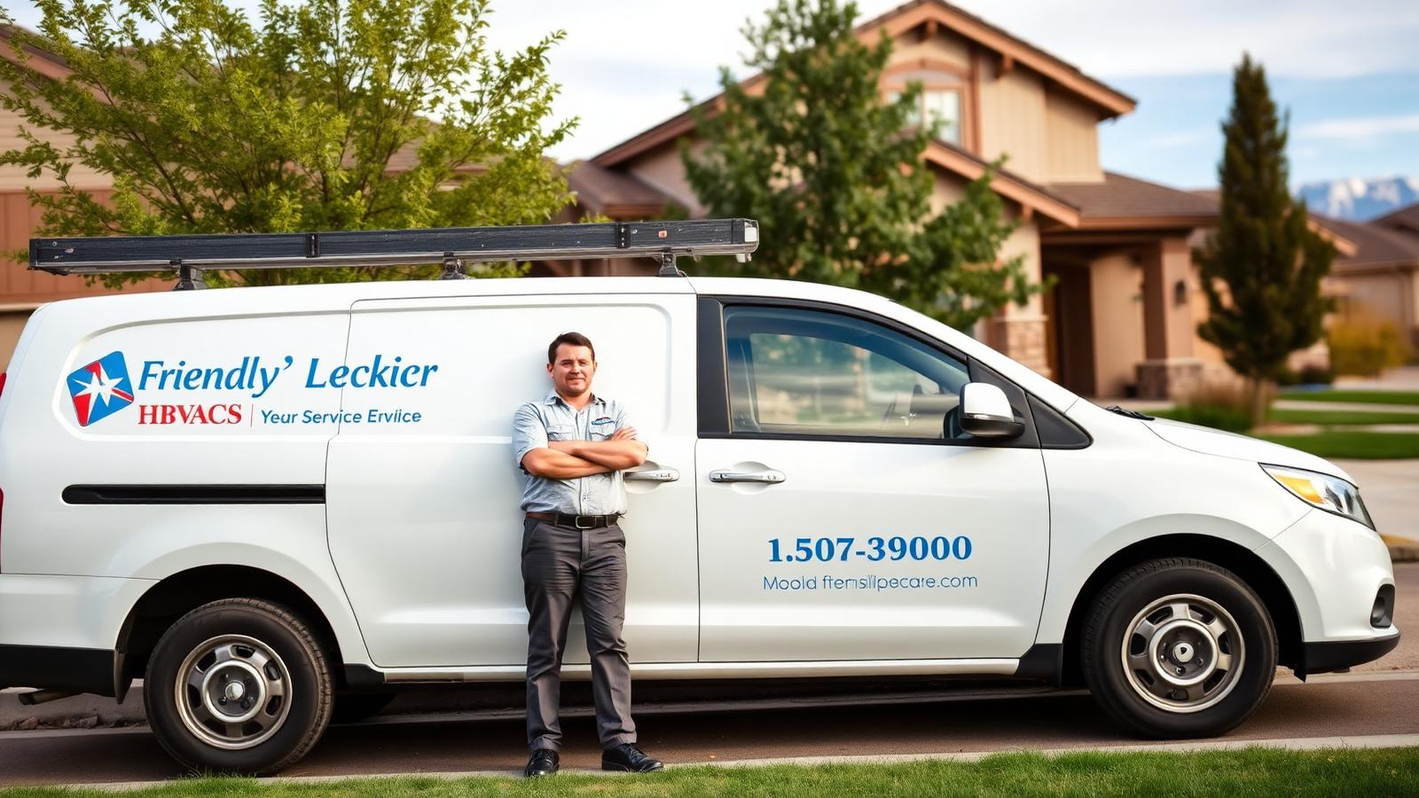 Local HVAC service vehicle and technician outside a Colorado Front Range home