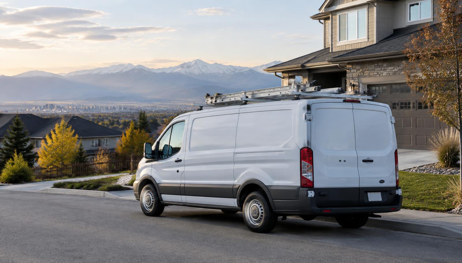 A Denver-area neighborhood with a plain unbranded HVAC service van parked near a home